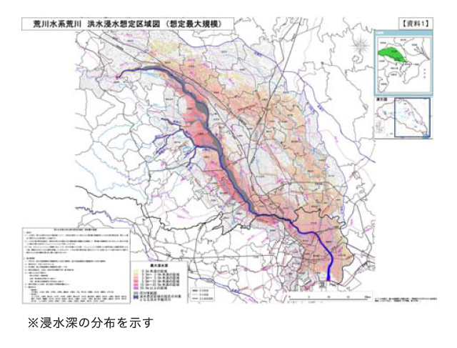図3 荒川水系荒川の最大規模を想定した洪水浸水想定区域図(出典：国土交通省 関東地方整備局10))